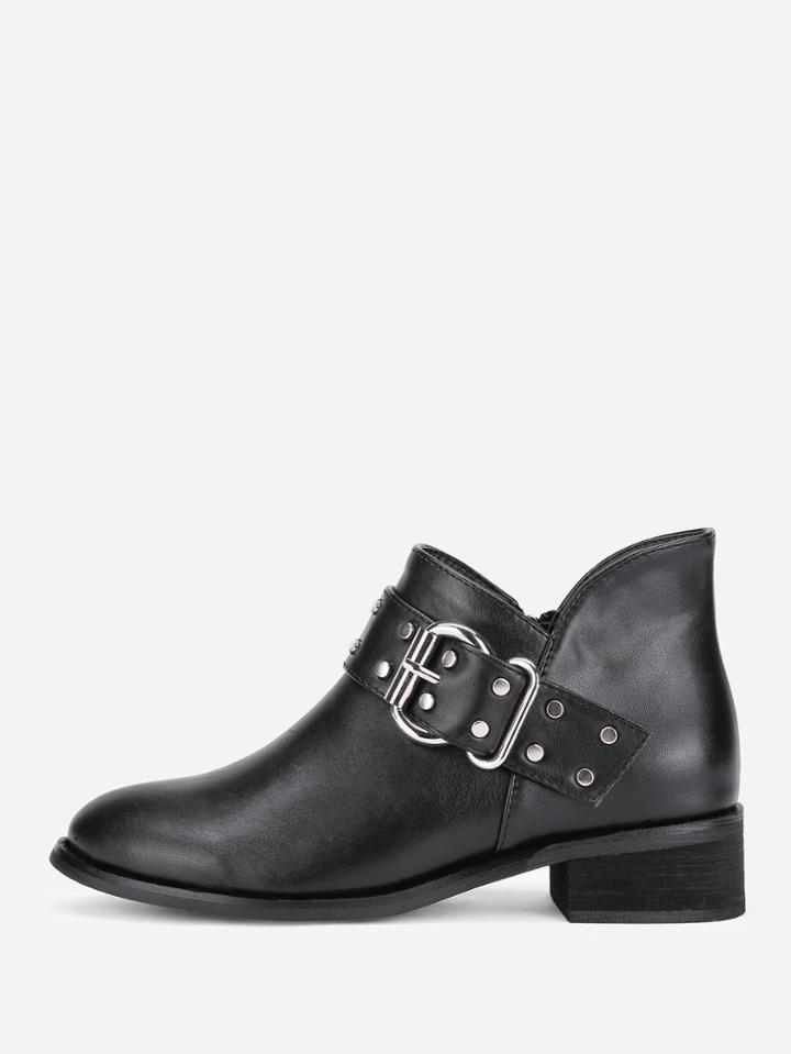 Romwe Round Toe Block Heeled Pu Boots