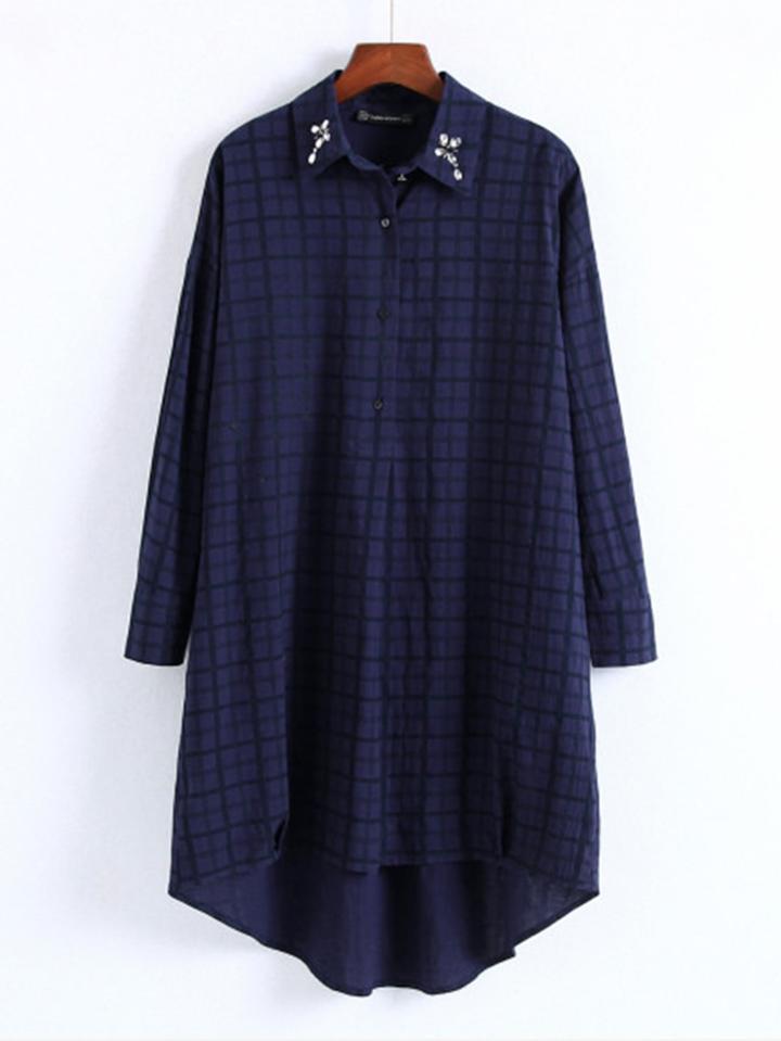 Romwe Rhinestone Detail Gingham High Low Shirt Dress