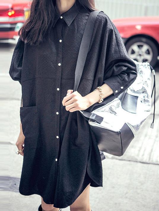 Romwe Black Lapel Buttons Pockets Shirt Dress