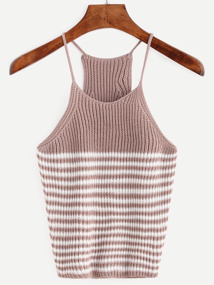 Romwe Brown Striped Racerback Knit Cami Top