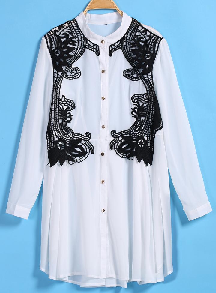 Romwe Embroidered Lace Chiffon Blouse