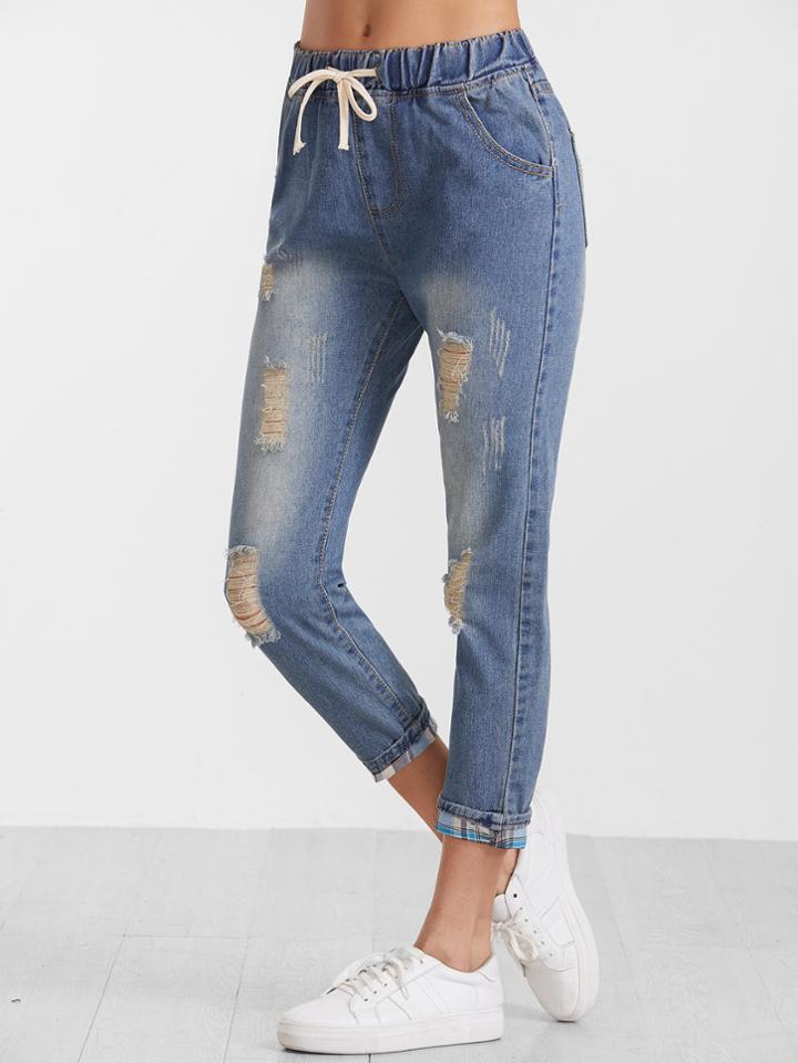 Romwe Blue Drawstring Ripped Bleach Cuffed Jeans