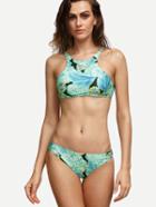 Romwe Green Abstract Print Strappy Bikini Set