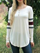 Romwe Long Sleeve Striped White T-shirt With Buttons