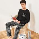 Romwe Guys Pocket Patched Tee & Grid Pants Pj Set