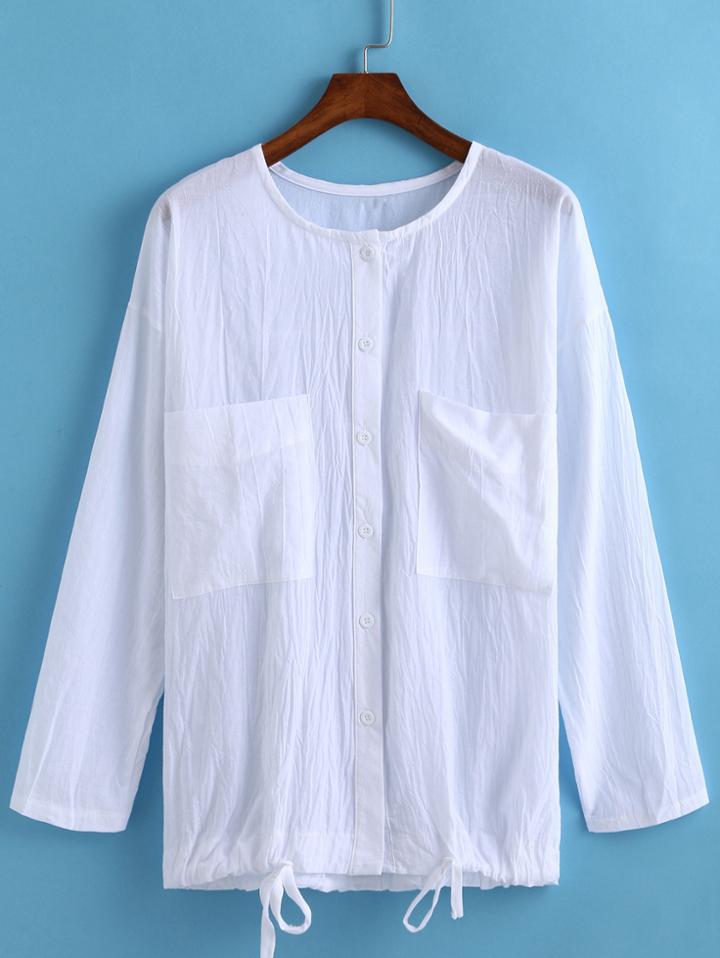 Romwe With Pockets Self-tie Blouse