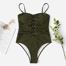Romwe Ruched Criss Cross One Piece Swimwear