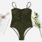 Romwe Ruched Criss Cross One Piece Swimwear