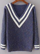 Romwe Blue Striped V Neck Sweater