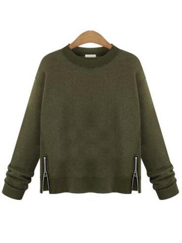Romwe Dropped Shoulder Seam Zippers Army Green Sweatshirt