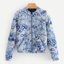 Romwe Floral Pattern Zipper Front Quilted Jacket