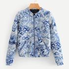 Romwe Floral Pattern Zipper Front Quilted Jacket