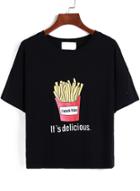 Romwe French Fries Print Loose Black T-shirt