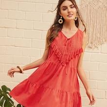 Romwe Tie Front Guipure Lace Yoke Tassel Trim Dress