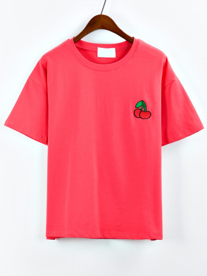 Romwe Cherry Embroidered Drop Shoulder Red T-shirt
