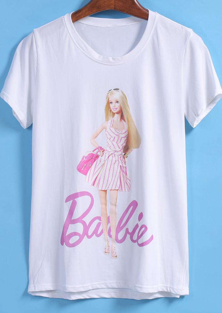 Romwe Barbie Print Loose White T-shirt