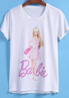 Romwe Barbie Print Loose White T-shirt