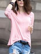 Romwe Long Sleeve Loose Pink T-shirt