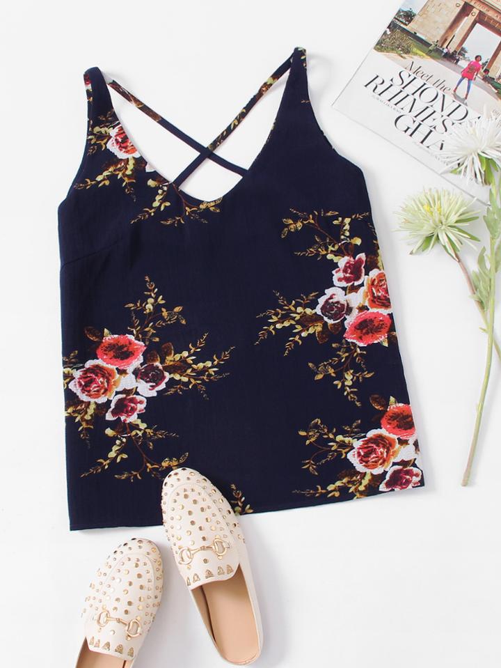 Romwe Crisscross Floral Cami Top