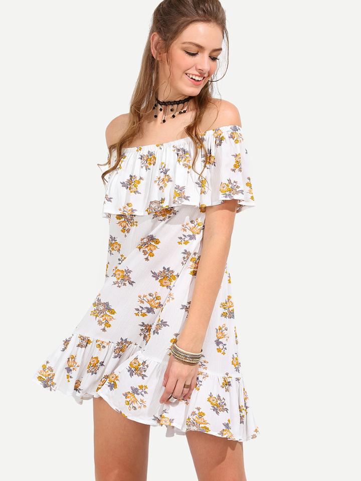 Romwe Multicolor Flower Print Off The Shoulder Ruffle Dress