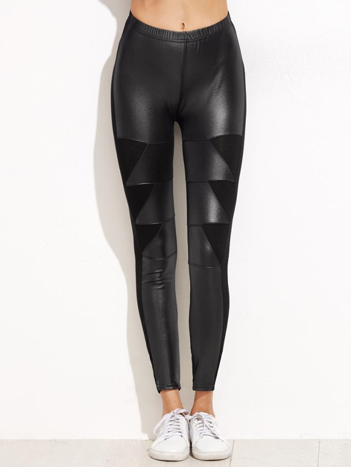 Romwe Black Contrast Faux Leather Stretch Leggings