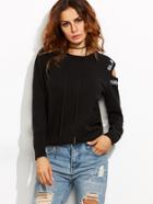 Romwe Black Letter Embroidered Asymmetric Open Shoulder Sweater