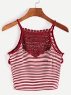 Romwe Burgundy Striped Contrast Crochet Crisscross Side Crop Cami Top