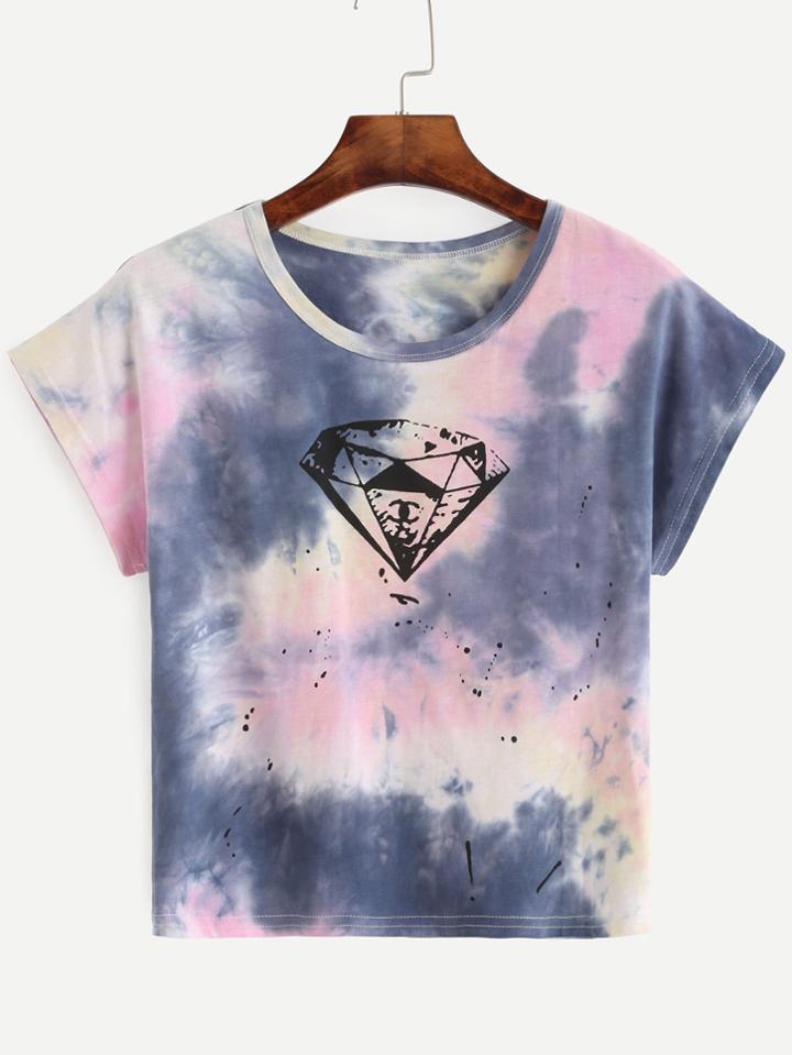 Romwe Tie Dye Diamond Print Crop T-shirt