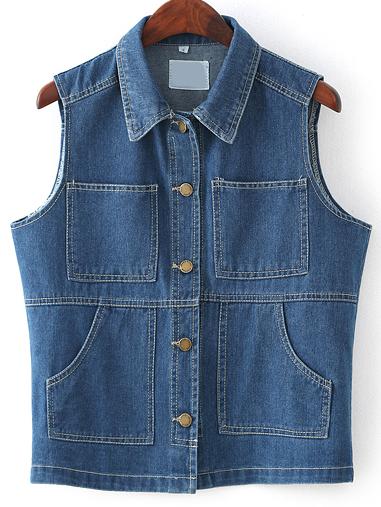 Romwe Sharp Collar Denim Vest With Pockets