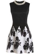 Romwe With Pearl Flower Print Black Dress