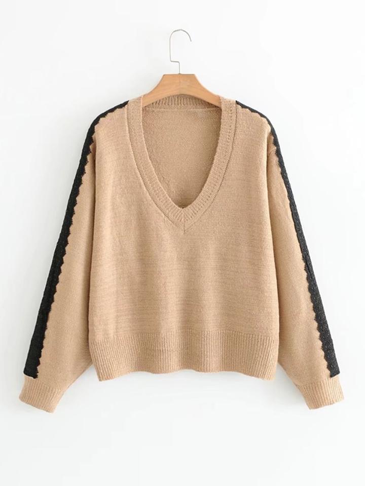 Romwe Contrast Crochet Tape Sweater