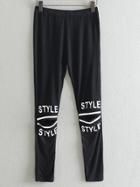 Romwe Black Elastic Waist Letters Print Hole Leggings