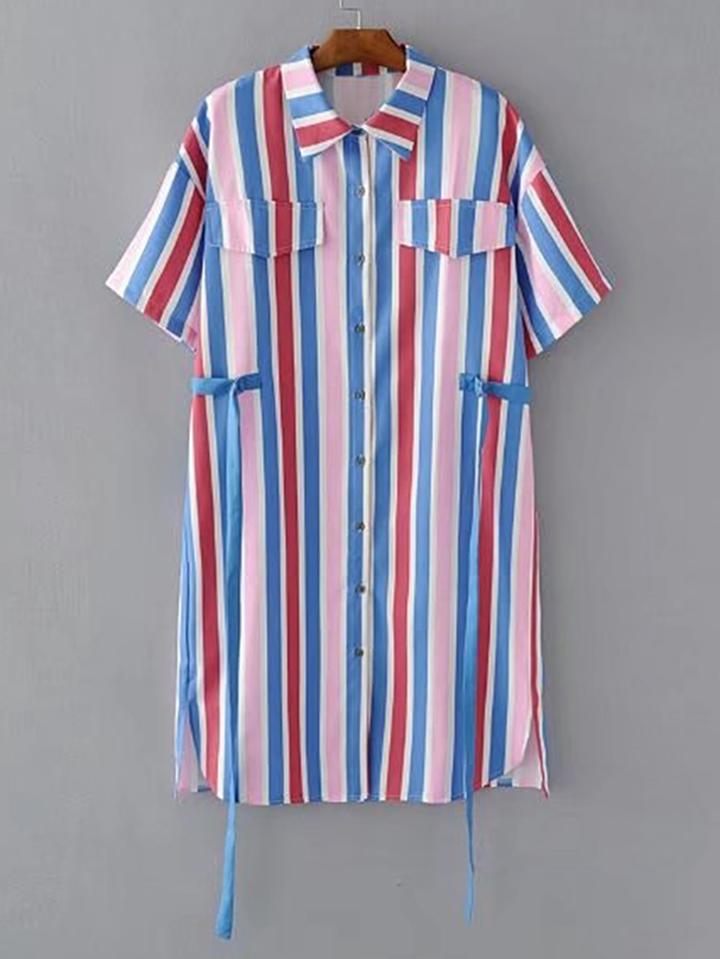 Romwe Vertical Striped Tie Detail Shirt Dress