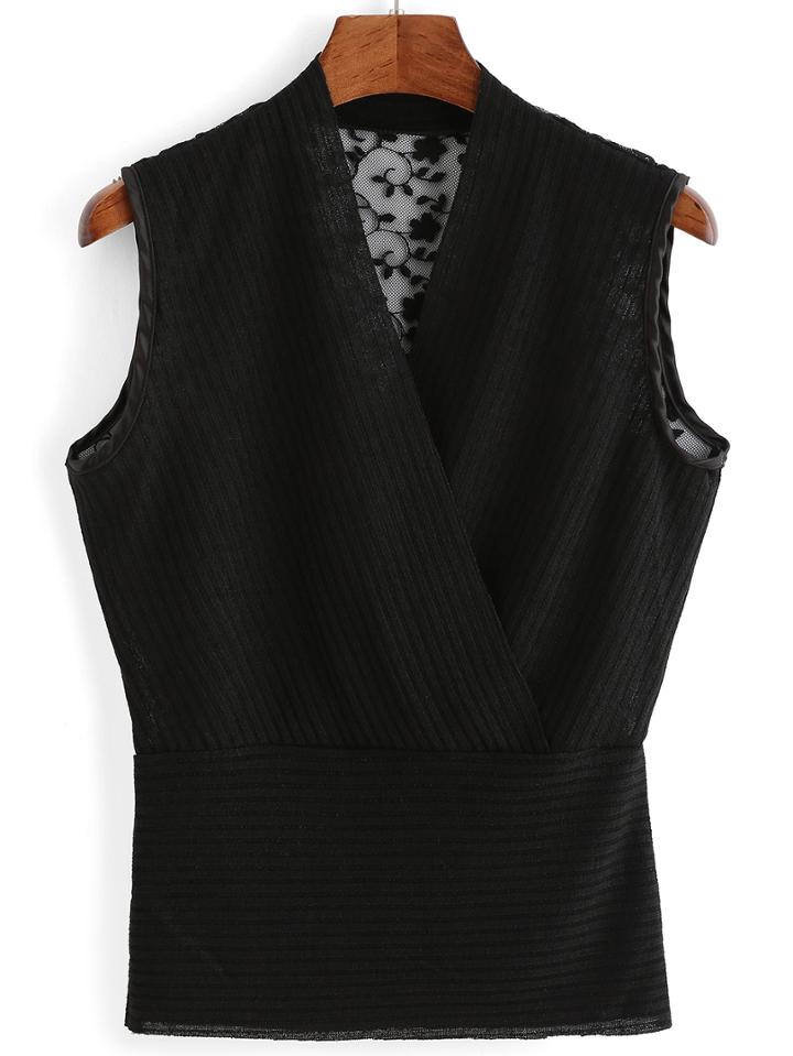 Romwe V Neck Wrap Lace Insert Vest Sweater