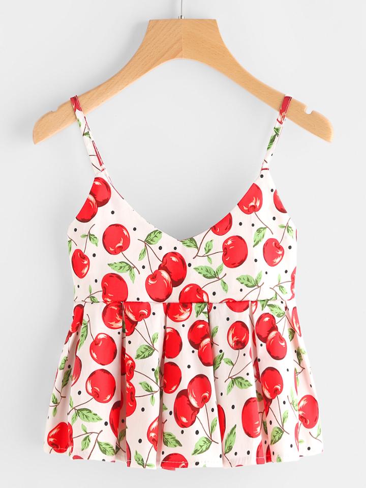 Romwe Cherry Print Peplum Cami Top