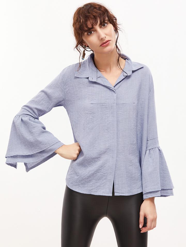 Romwe Light Blue Bell Sleeve Dip Hem Blouse