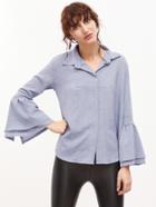 Romwe Light Blue Bell Sleeve Dip Hem Blouse