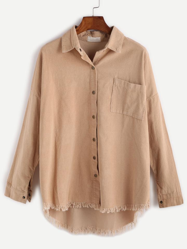 Romwe Light Khaki Corduroy High Low Fringe Hem Blouse