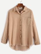 Romwe Light Khaki Corduroy High Low Fringe Hem Blouse