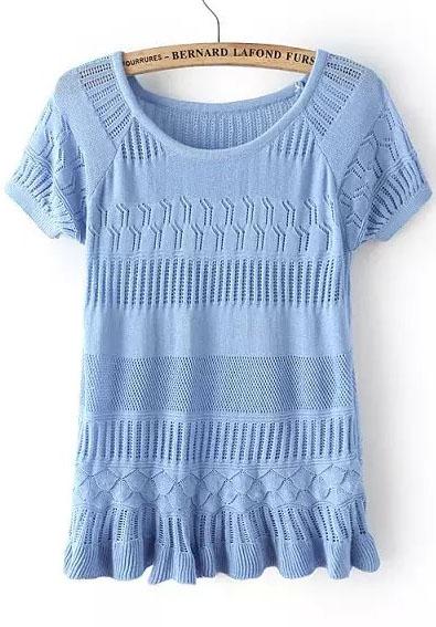 Romwe Short Sleeve Crochet Hollow Blue Sweater