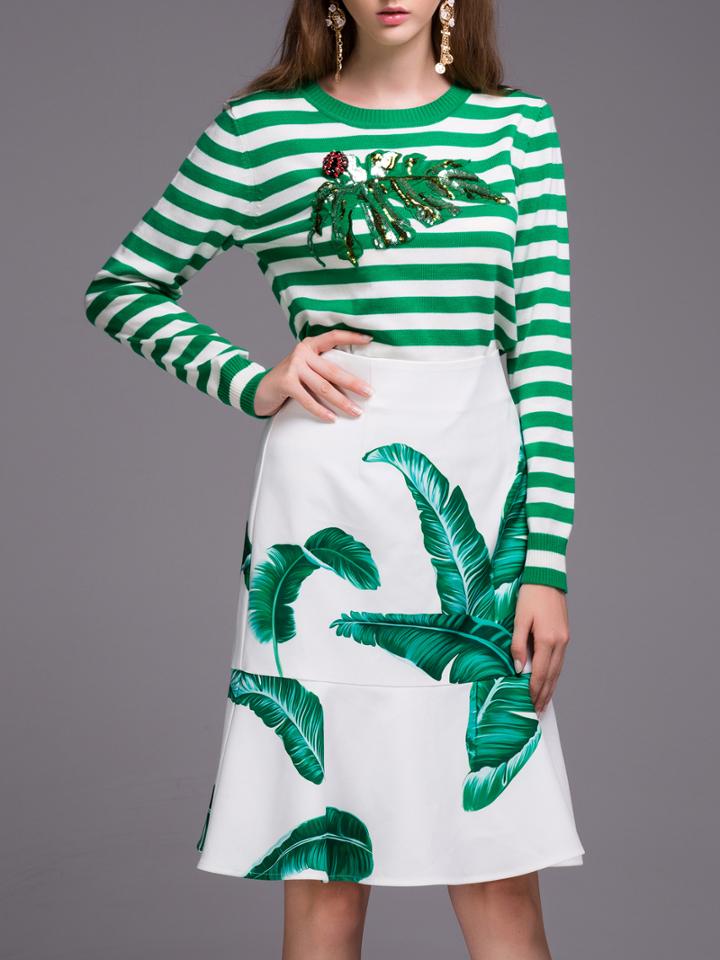 Romwe Green White Striped Leaves Sequined Top With Print Skirt
