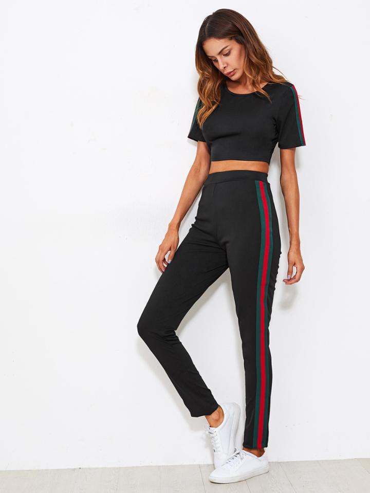 Romwe Side Striped Crop Tee With Pants