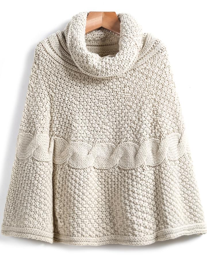 Romwe High Neck Cable Knit Cape Beige Sweater