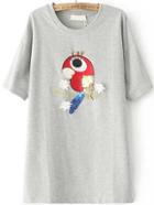 Romwe Parrot Embroidered Sequined Applique Grey T-shirt
