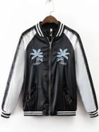 Romwe Black Coconut Tree Embroidery Bomber Jacket With Zipper