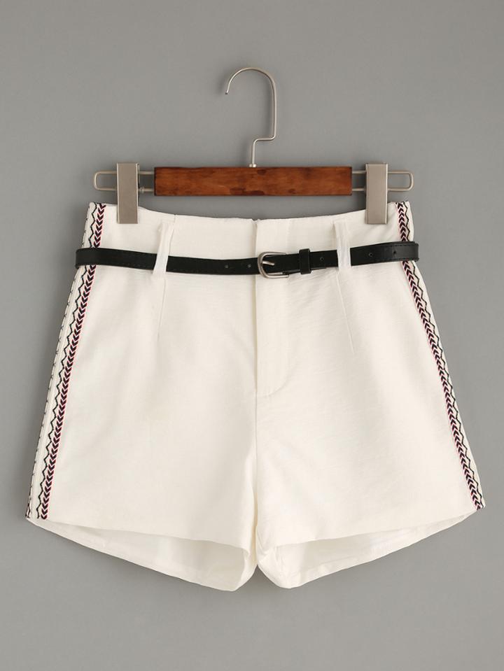 Romwe White Belted Shorts With Embroidered Tape Detail