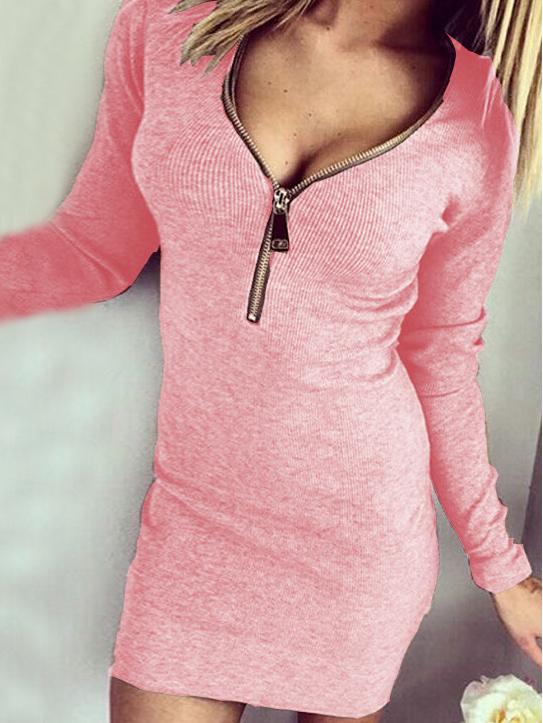 Romwe Pink Zipper V Neck Bodycon Jersey Dress