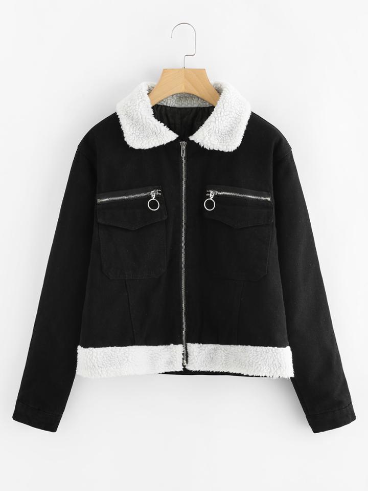Romwe Faux Fur Contrast Denim Jacket