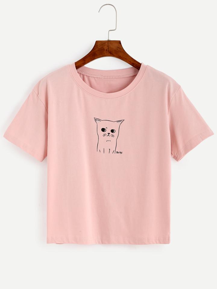 Romwe Pink Round Neck Cat Print T-shirt