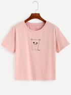 Romwe Pink Round Neck Cat Print T-shirt